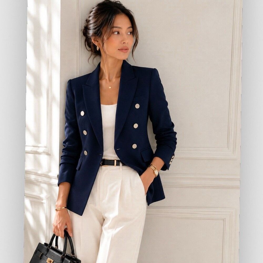 Club Monaco Jowdie Navy Blue Double Breasted Peak Lapel Crepe Blazer Size 2
